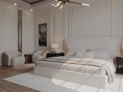 Contemporary office interior featuring sleek furniture, minimalist design, and bright natural lighting