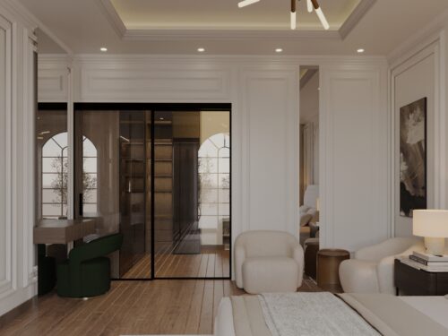 Stylish modern office space with minimalist design, comfortable seating, and large windows for natural light.