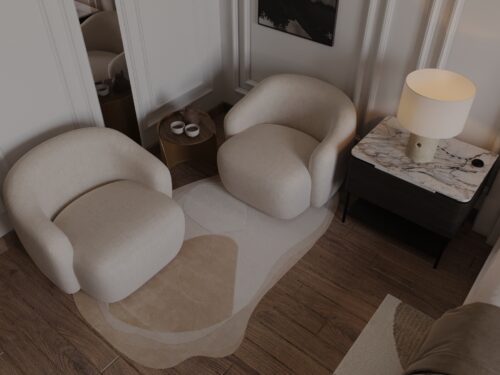 Contemporary living room with minimalistic design, featuring modern furniture, stylish decor, and natural lighting.